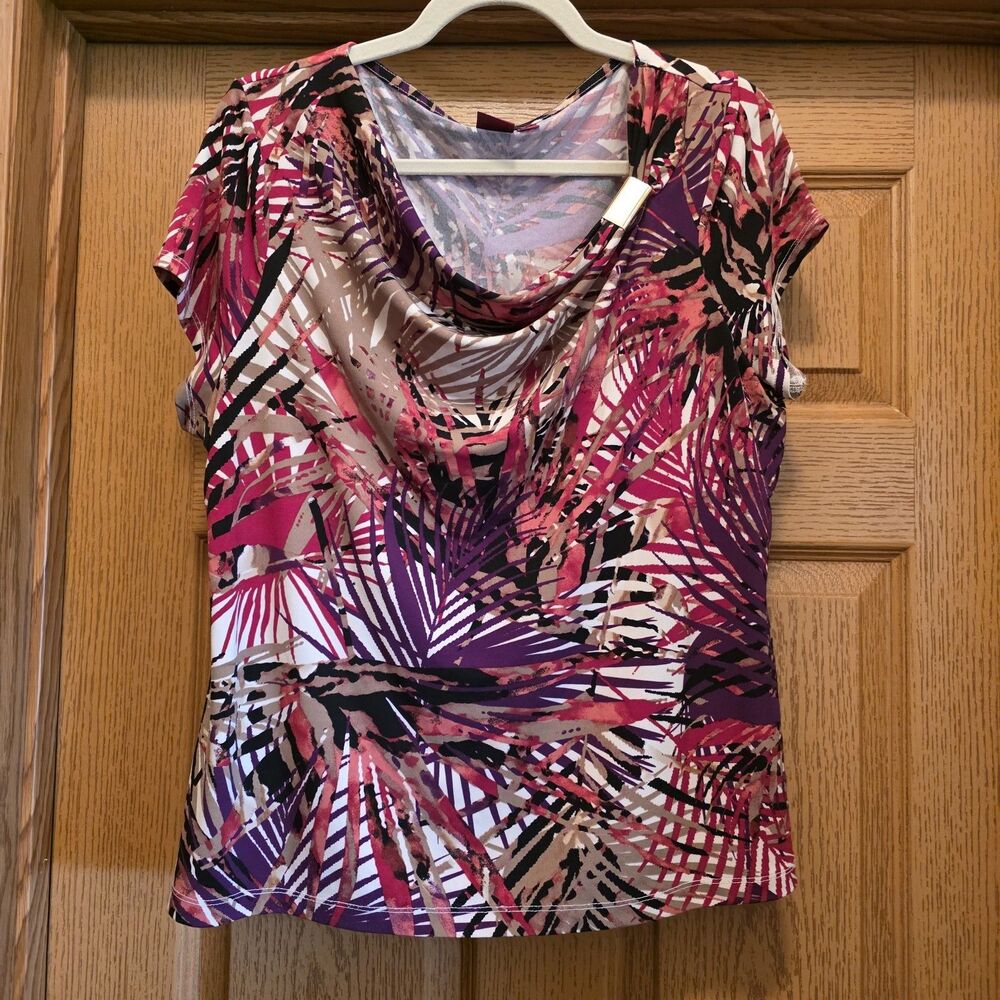 212 Collection Geometric Leaves Pattern Short Sleeve Cowl Neck Blouse Size XL